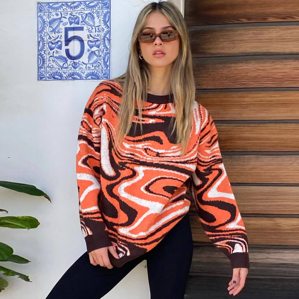 Oversized Wave Print Ribbed Long Sleeve Pullover Sweater - Burnt Orange