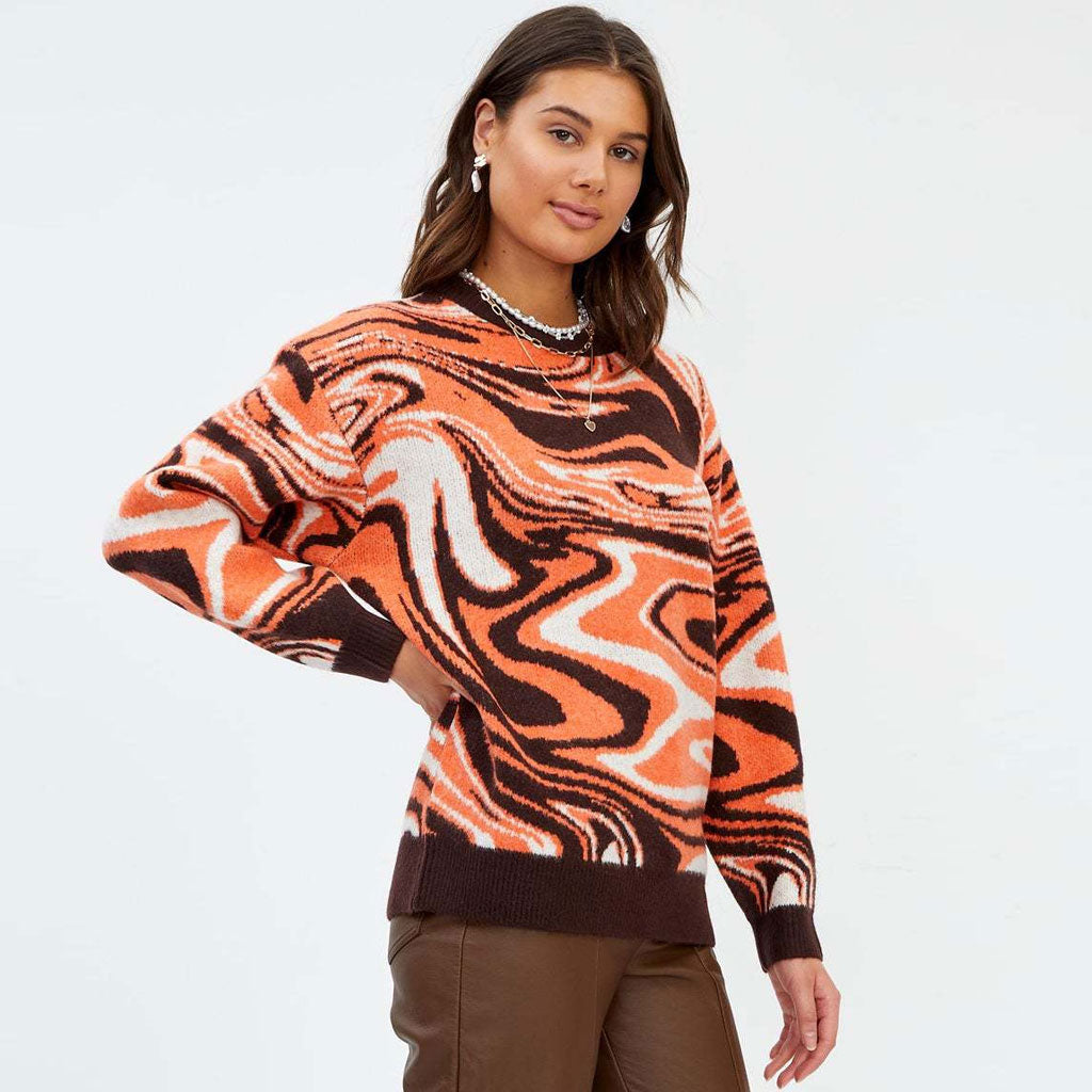 Oversized Wave Print Ribbed Long Sleeve Pullover Sweater - Burnt Orange