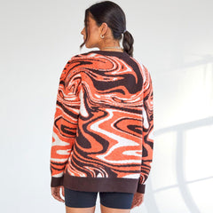 Oversized Wave Print Ribbed Long Sleeve Pullover Sweater - Burnt Orange