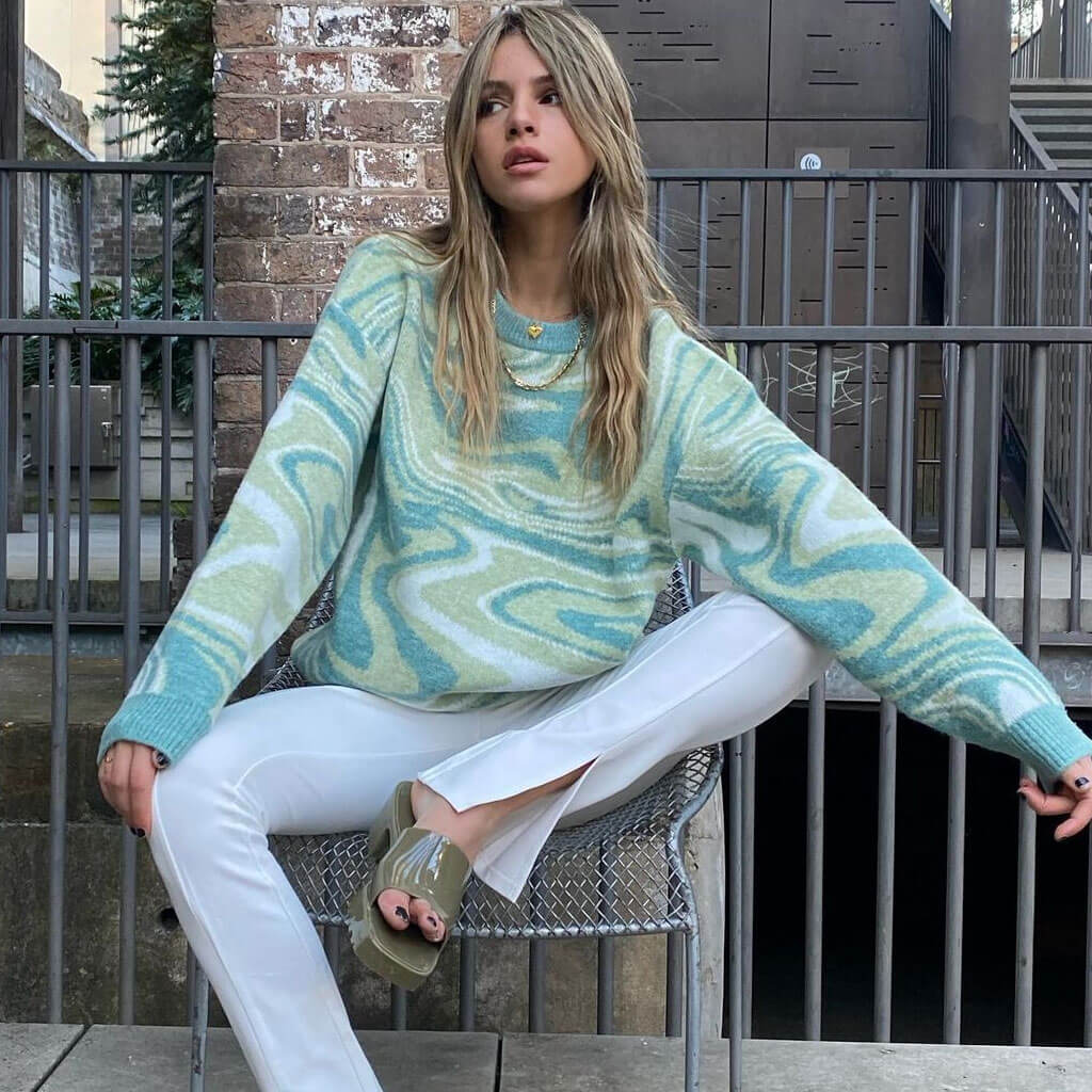 Oversized Wave Print Ribbed Long Sleeve Pullover Sweater - Green