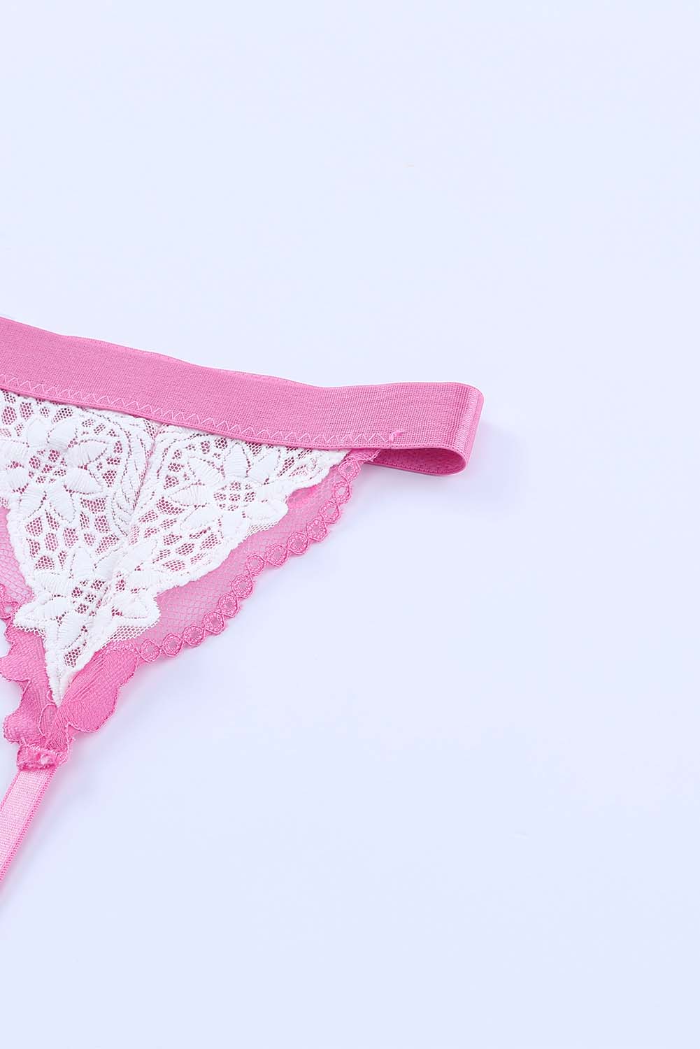 Pink 3Pcs Color Block Lace Bralette Lingerie Set