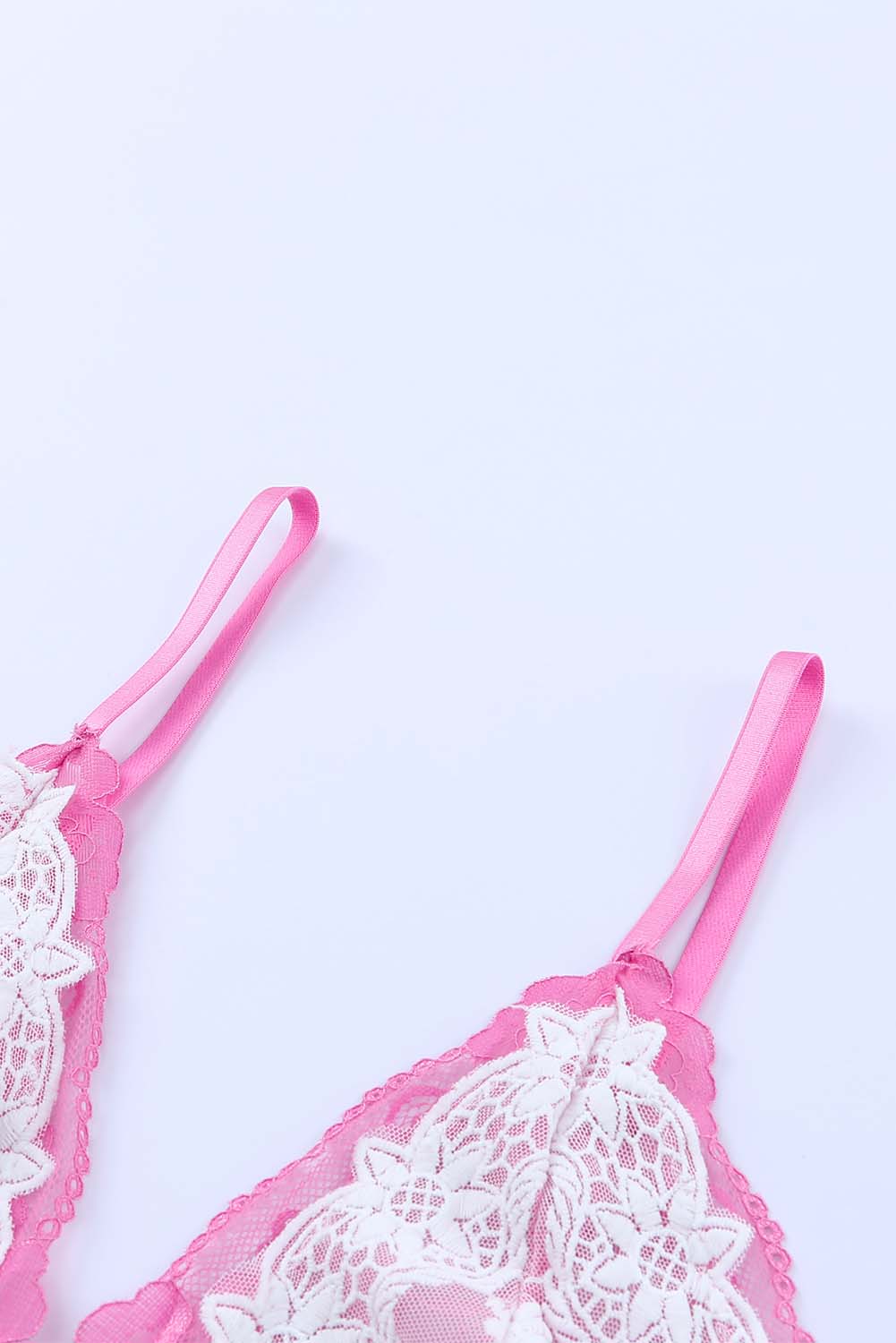Pink 3Pcs Color Block Lace Bralette Lingerie Set