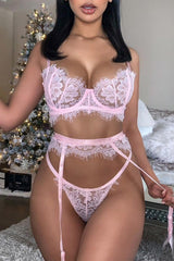 Pink Eyelash Trim Lace Bralette Set With Garter Belt