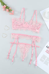 Pink Eyelash Trim Lace Bralette Set With Garter Belt