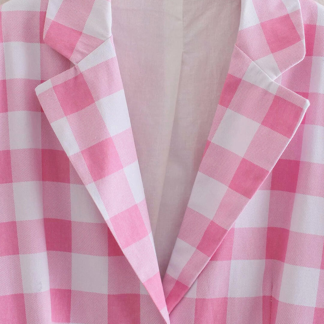 Ensemble assorti blazer à manches longues et mini-jupe plissée à imprimé écossais - Rose