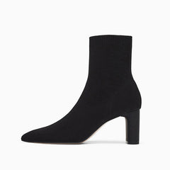 Bottes chaussettes mi-mollet élégantes à bout pointu et talon épais - Noir