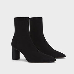 Bottes chaussettes mi-mollet élégantes à bout pointu et talon épais - Noir