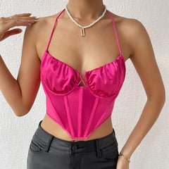 Polished Ruched Sweetheart Sheer Mesh Satin Crop Corset Top - Rose