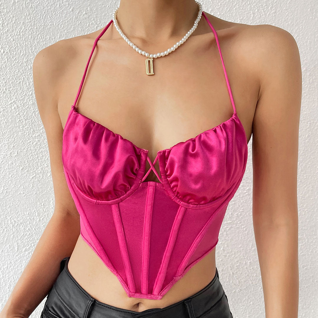 Haut corset court en satin transparent à décolleté en cœur froncé et poli - Rose