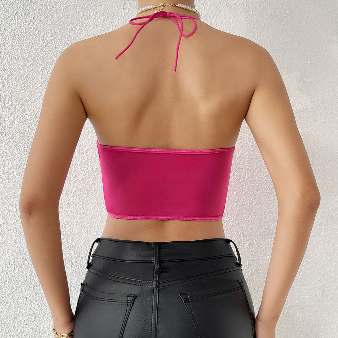 Haut corset court en satin transparent à décolleté en cœur froncé et poli - Rose