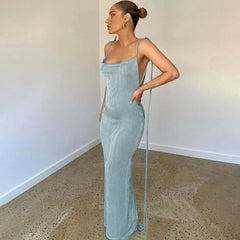 Pretty Cowl Neck Strappy Draped Backless Maxi Dress - Denim Blue