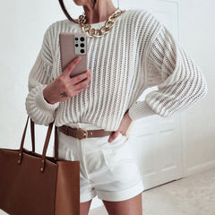 Pretty Crochet Knit Drop Shoulder Bishop Sleeve Crew Neck Sweater - White