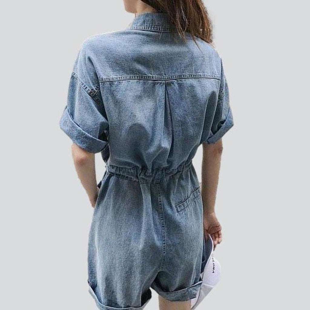 Wide leg denim overall shorts