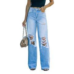 Jean femme à jambe large et effet usé
