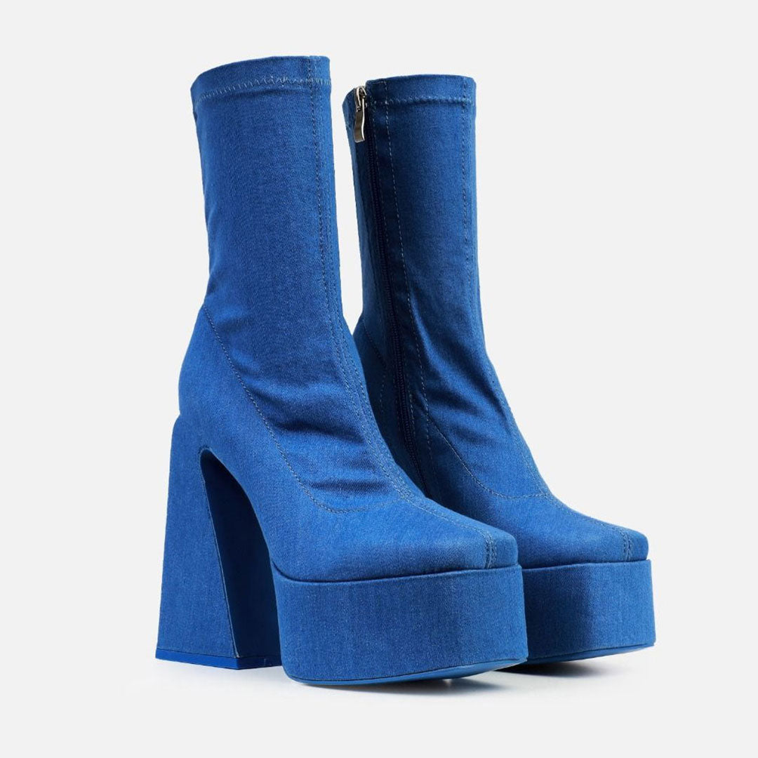 Punky Block High Heel Square Toe Platform Mid Calf Boots - Denim Blue