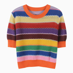 Rainbow Stripe Short Sleeve Crop Knit Top