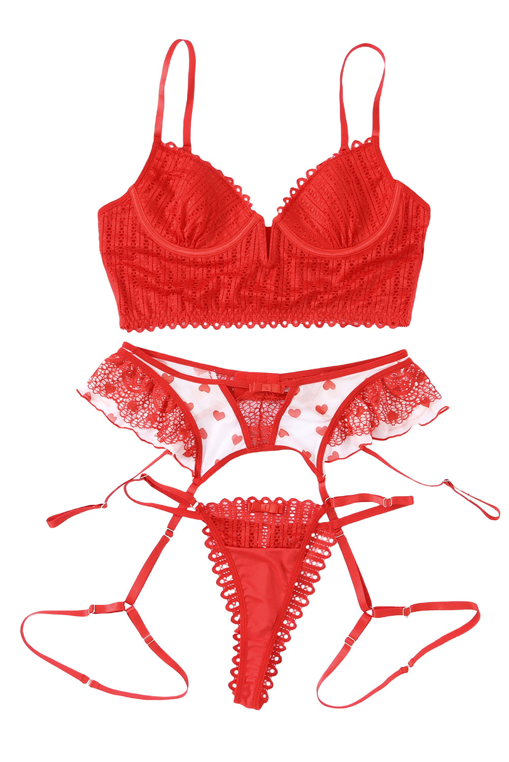 Rotes 3-teiliges Dessous-Set mit Netzstoff und Herzmuster