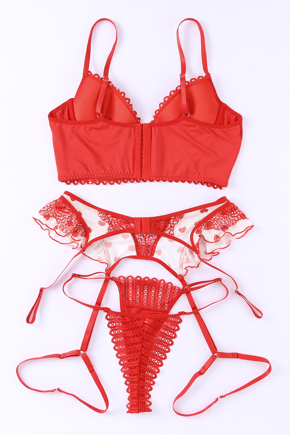 Rotes 3-teiliges Dessous-Set mit Netzstoff und Herzmuster