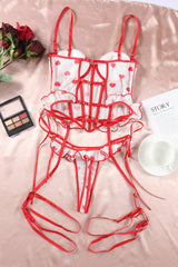 Red Heart Print Ruffled Strappy Three-Piece Lingerie Set