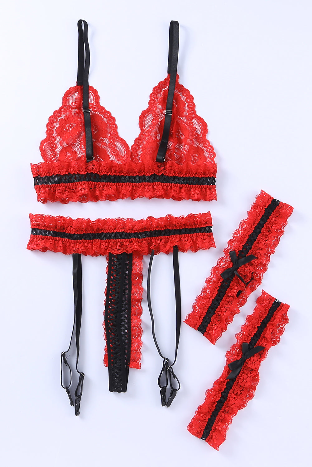 Red Sheer Lace Contrast Black Trim Lingerie Set