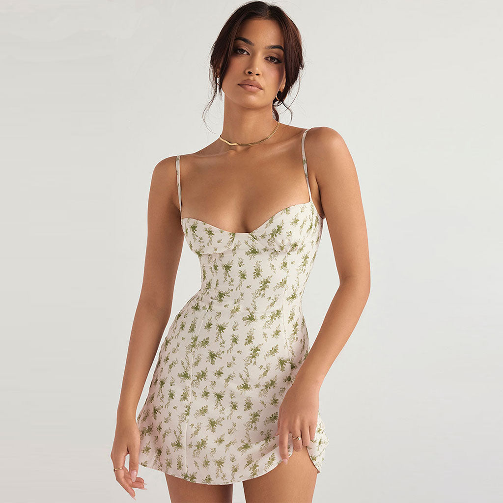 Refreshing Floral Printed Sweetheart Neck Slip Summer Mini Dress - White