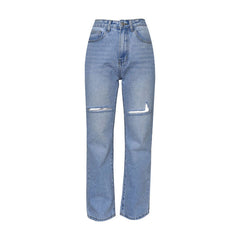 Retro Cut Out High Waist Frayed Straight Leg Jeans - Light Blue