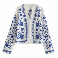 etro Floral Embroidered Long Sleeve Cotton-Blend Blouse - White