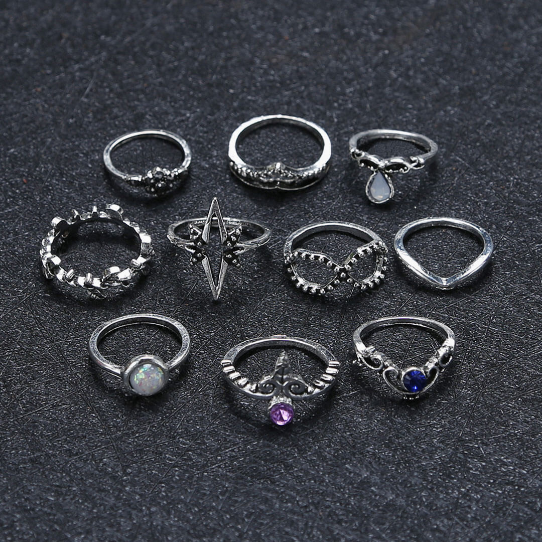 The Boho Weekend Multi Mix Rhinestone Embellished Ring Set - Silver