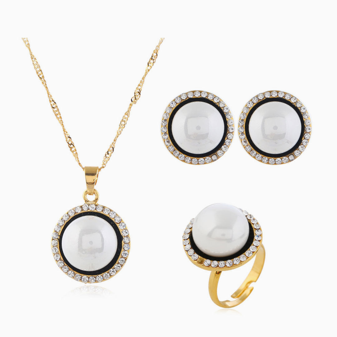 Ensemble de bijoux en strass avec bordure en perles perlées - Blanc