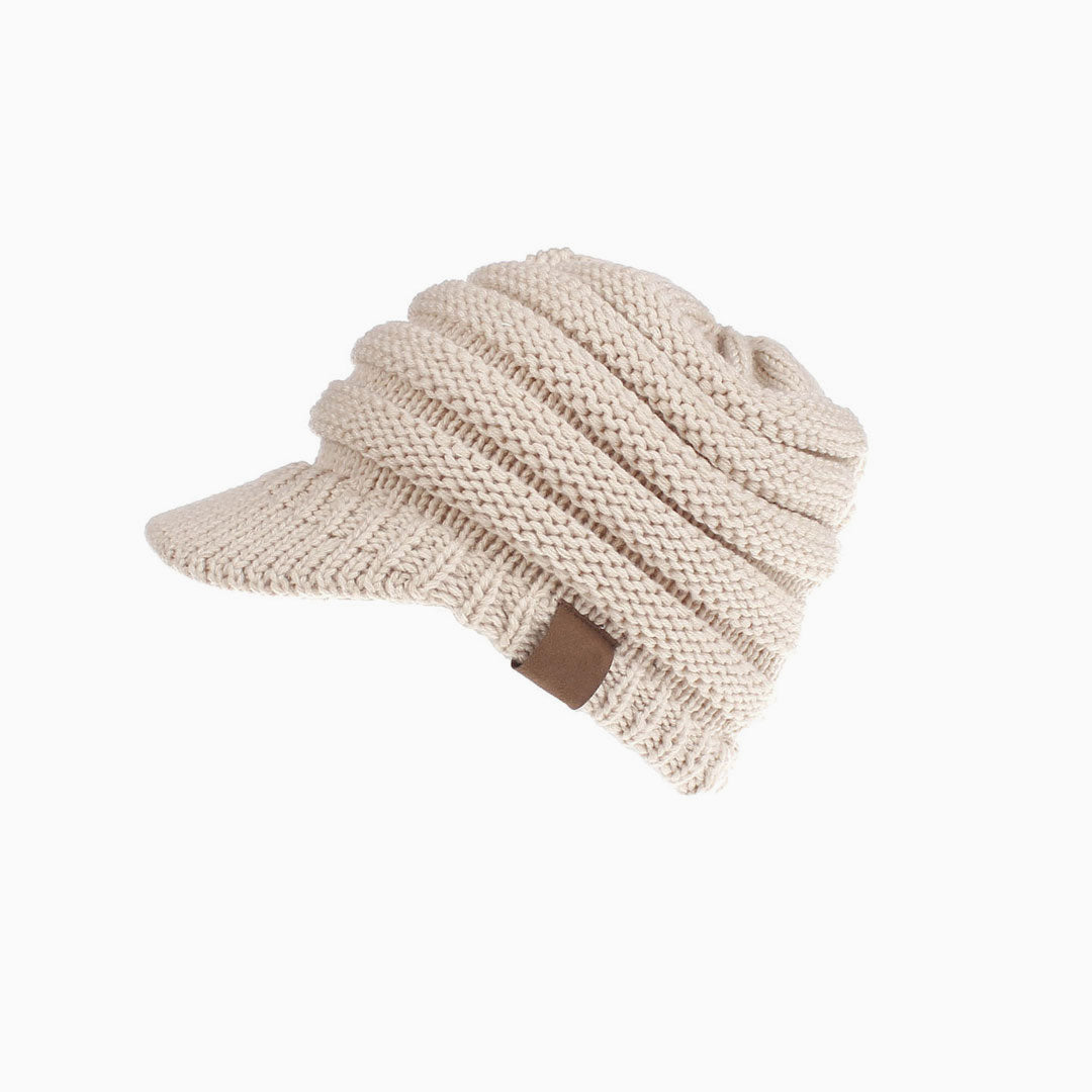 Cozy Me Up - Chapeau gavroche d'hiver en tricot côtelé avec queue de cheval