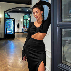 Ribbed Long Sleeve V Neck High Waist Split Midi Skirt Matching Set - Black