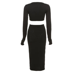 Ribbed Long Sleeve V Neck High Waist Split Midi Skirt Matching Set - Black