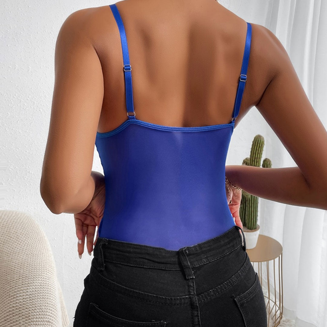 Romantischer Bustier-Bodysuit mit floraler Spitze und transparentem Netzstoff, Camisole-Ausschnitt, frecher Bodysuit - Blau