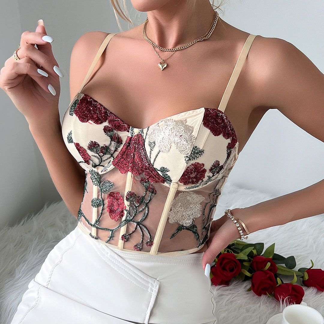 Haut corset court en maille transparente brodée de fleurs romantiques - Abricot