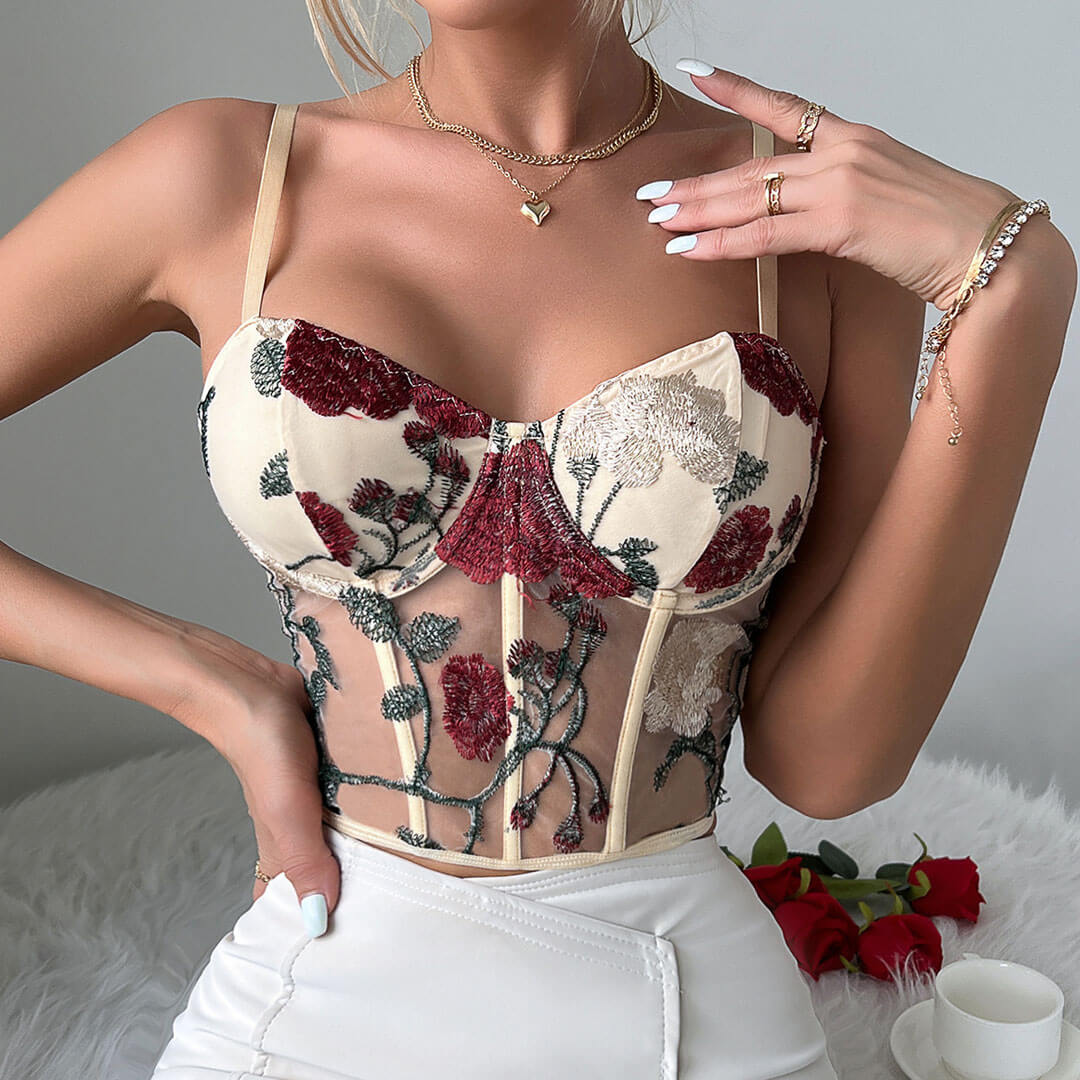 Haut corset court en maille transparente brodée de fleurs romantiques - Abricot