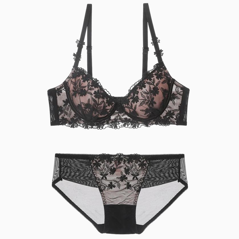 Ensemble soutien-gorge à armatures en dentelle brodée de fleurs romantiques et complexes - Noir