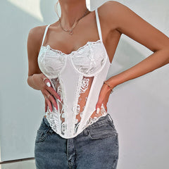 Haut corset sans manches en maille transparente brodée de roses romantiques - Blanc