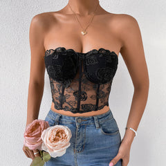 Haut bustier court en tulle transparent brodé de roses romantiques - Noir