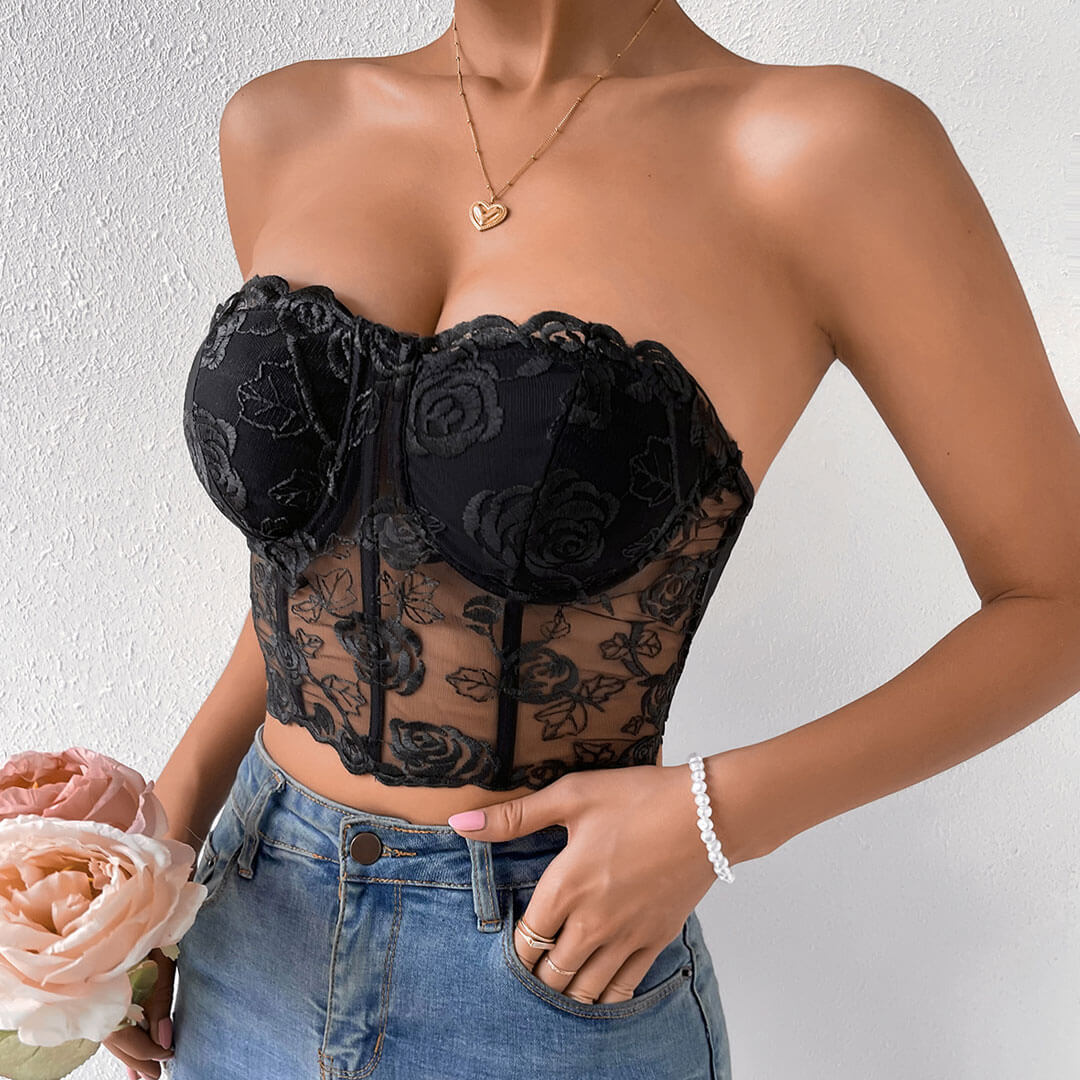 Haut bustier court en tulle transparent brodé de roses romantiques - Noir