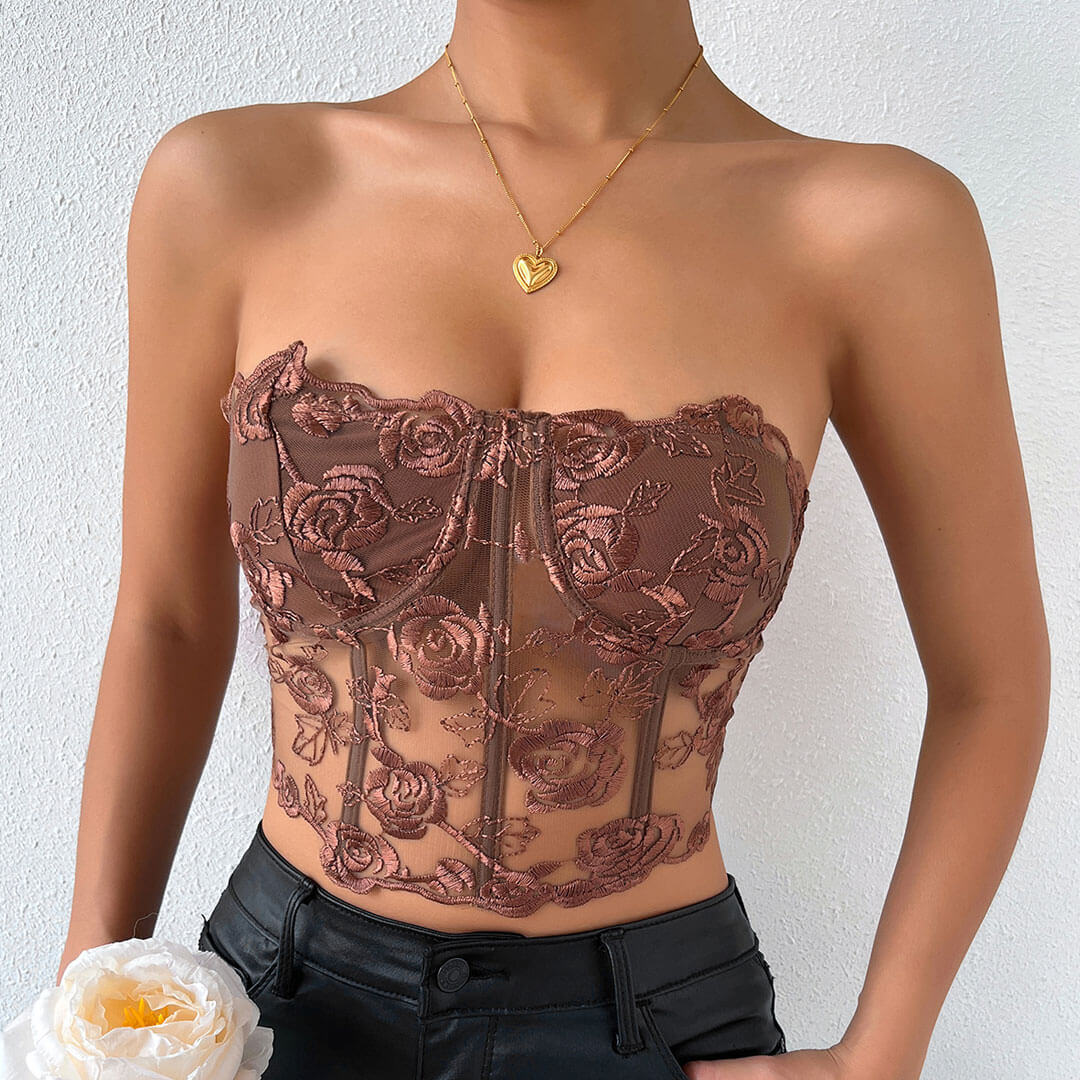 Haut bustier court en tulle transparent brodé de roses romantiques - Marron