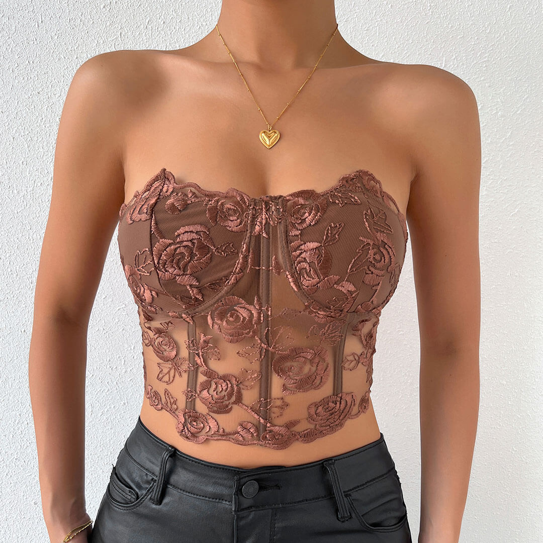 Haut bustier court en tulle transparent brodé de roses romantiques - Marron