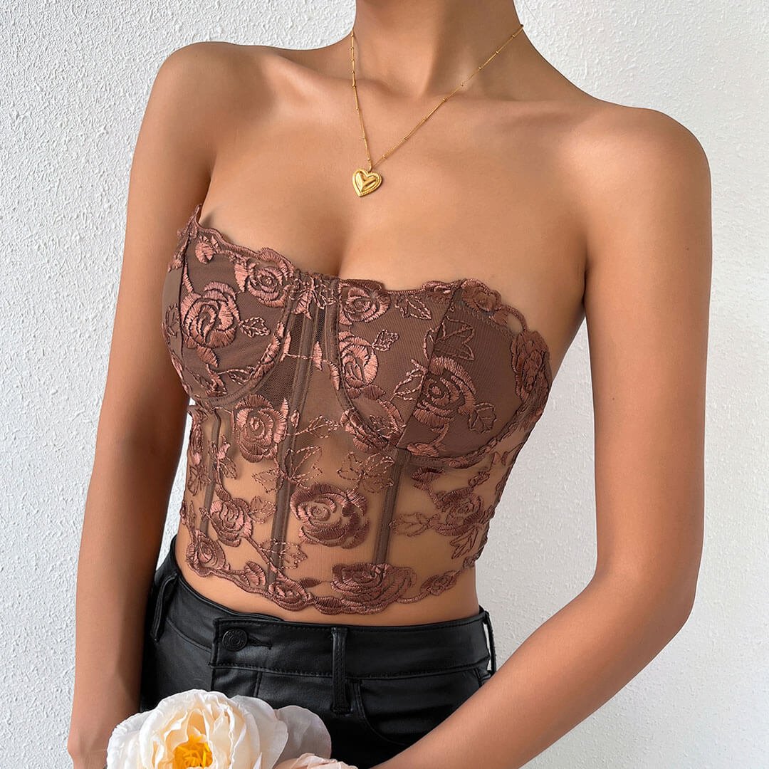 Haut bustier court en tulle transparent brodé de roses romantiques - Marron