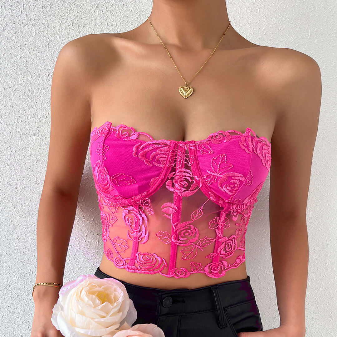 Haut bustier court en tulle transparent brodé de roses romantiques - Rose