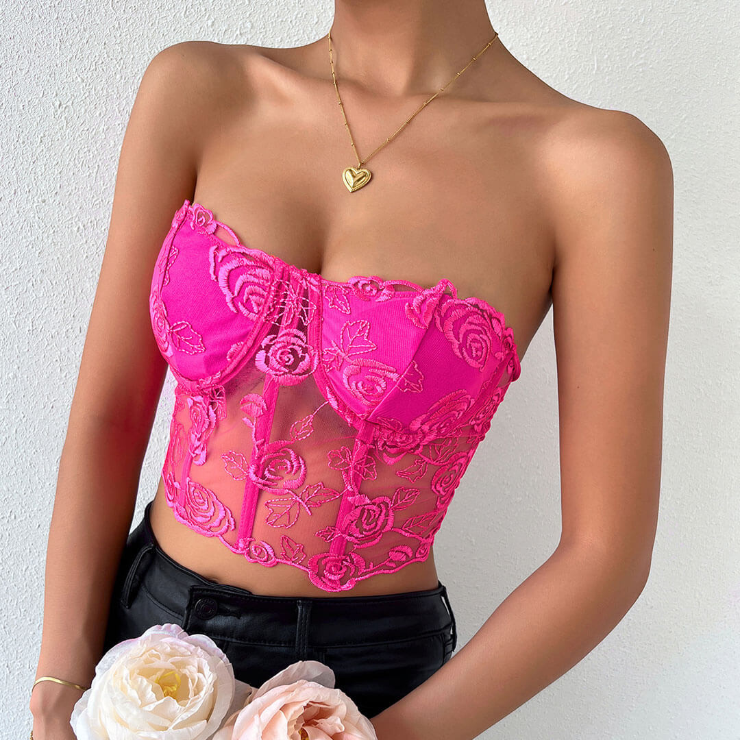 Romantic Rose Embroidered Sheer Tulle Crop Corset Tube Top - Rose