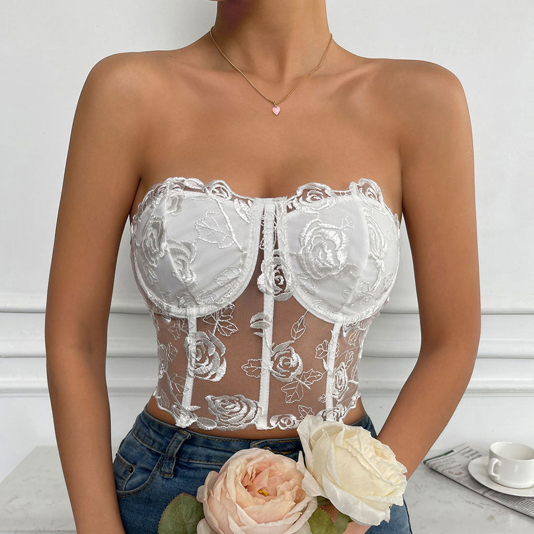 Haut bustier court en tulle transparent brodé de roses romantiques - Blanc