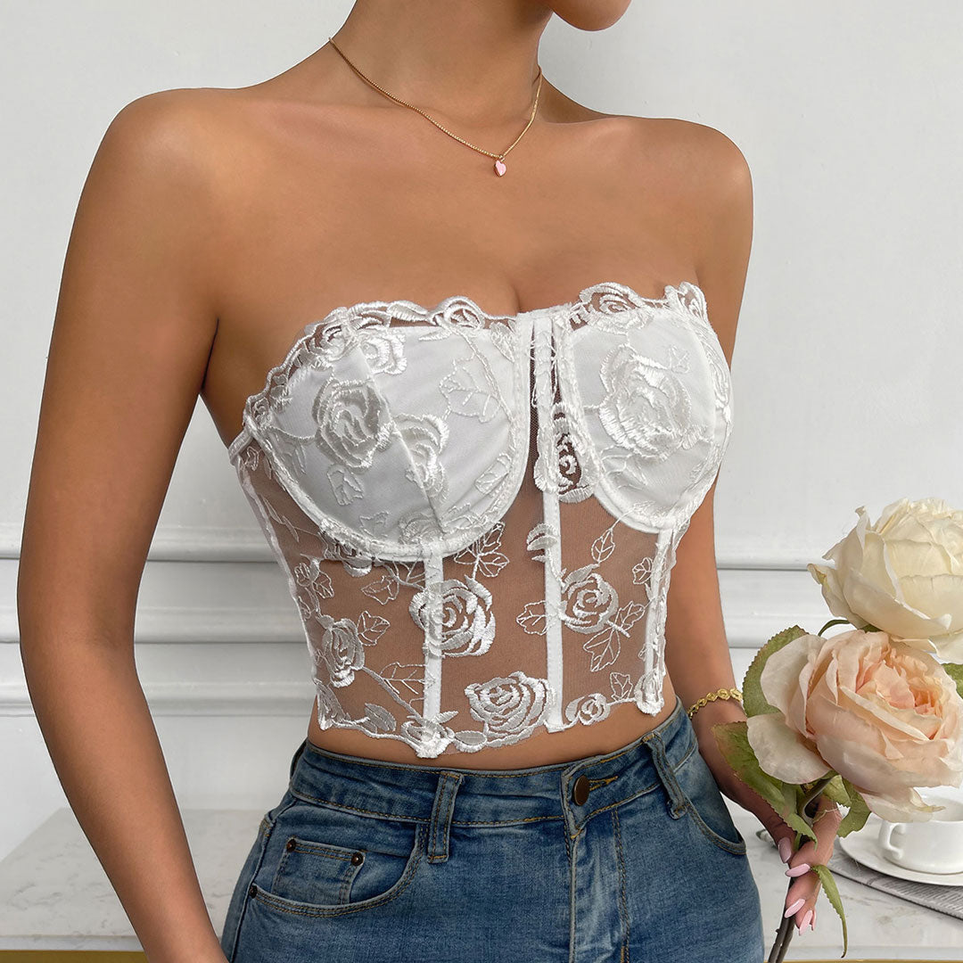 Haut bustier court en tulle transparent brodé de roses romantiques - Blanc