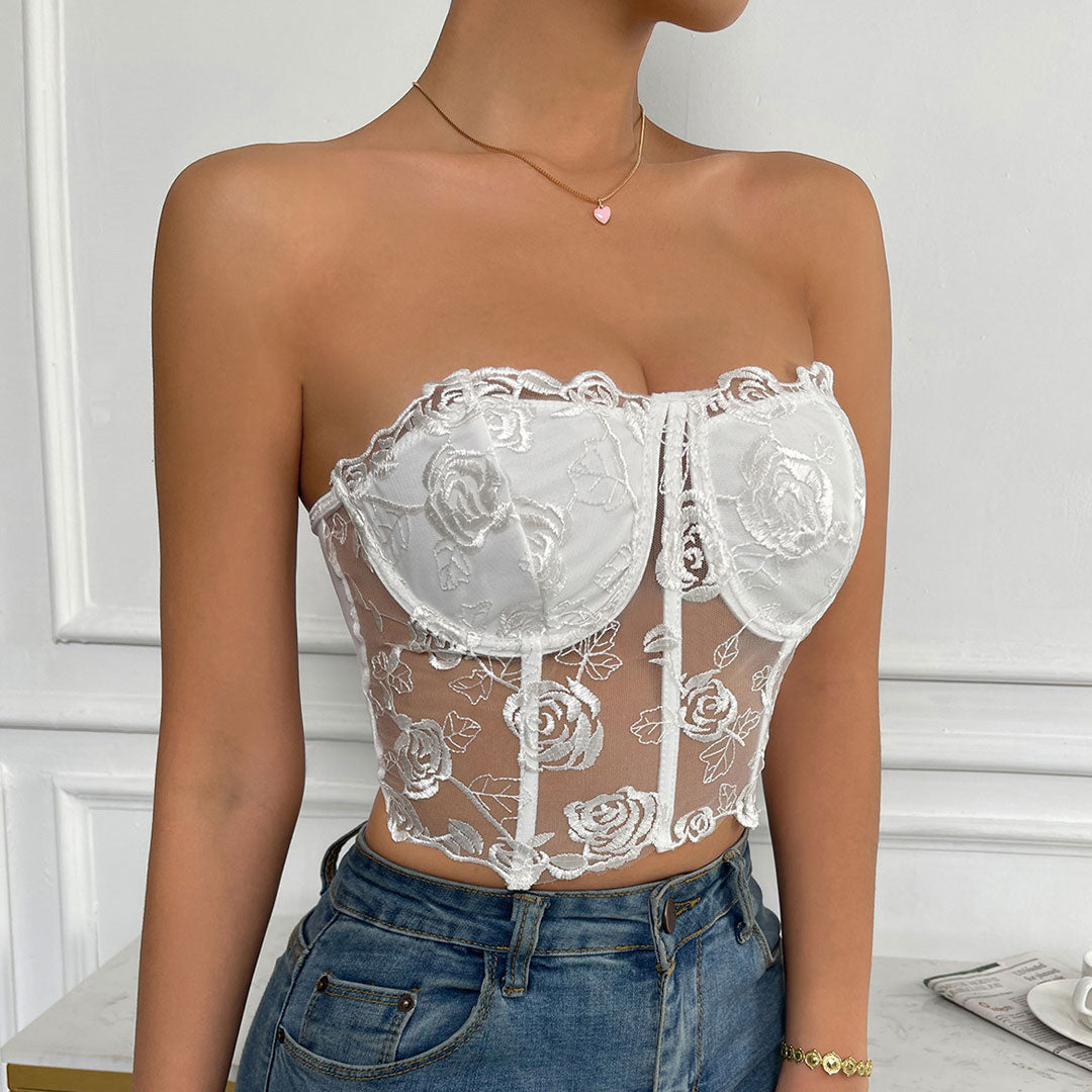 Romantic Rose Embroidered Sheer Tulle Crop Corset Tube Top - White