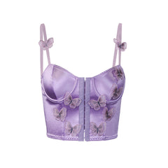 Butterfly Applique Hook and Eye Silky Satin Corset Top - Purple