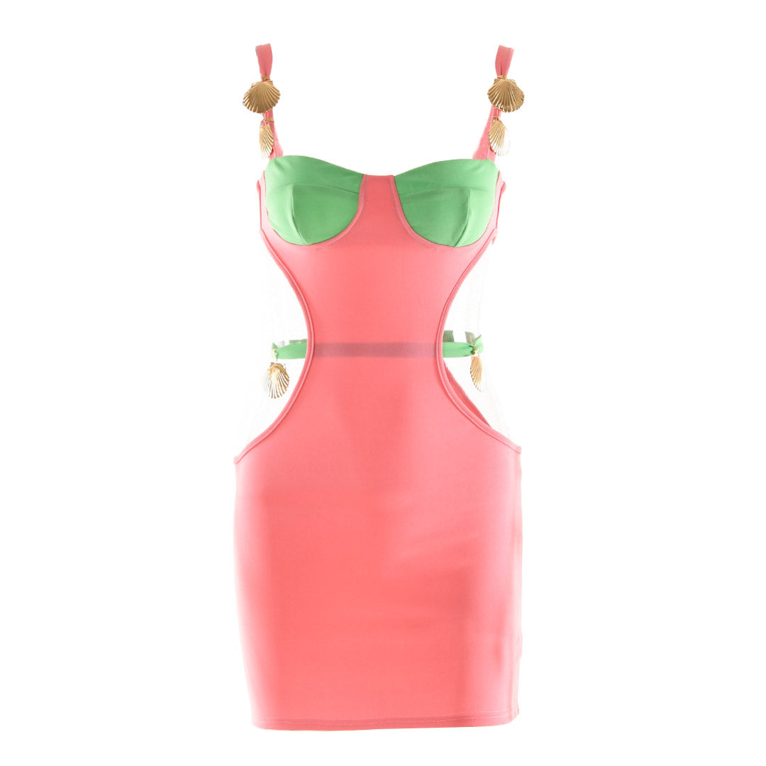 Ärmelloses Party-Minikleid mit Cut-Outs in Kontrastfarbe und Muscheln - Rosa