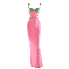 Robe longue de bal sans manches à découpes et coquillages de couleur contrastée - Rose